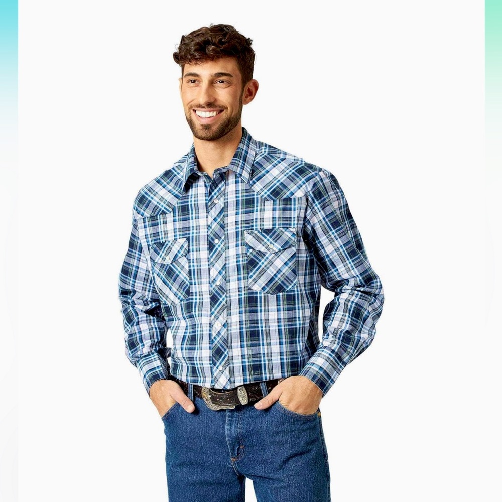 South Pole Western pearl snap on Blue Plaid Button-Up Shirt